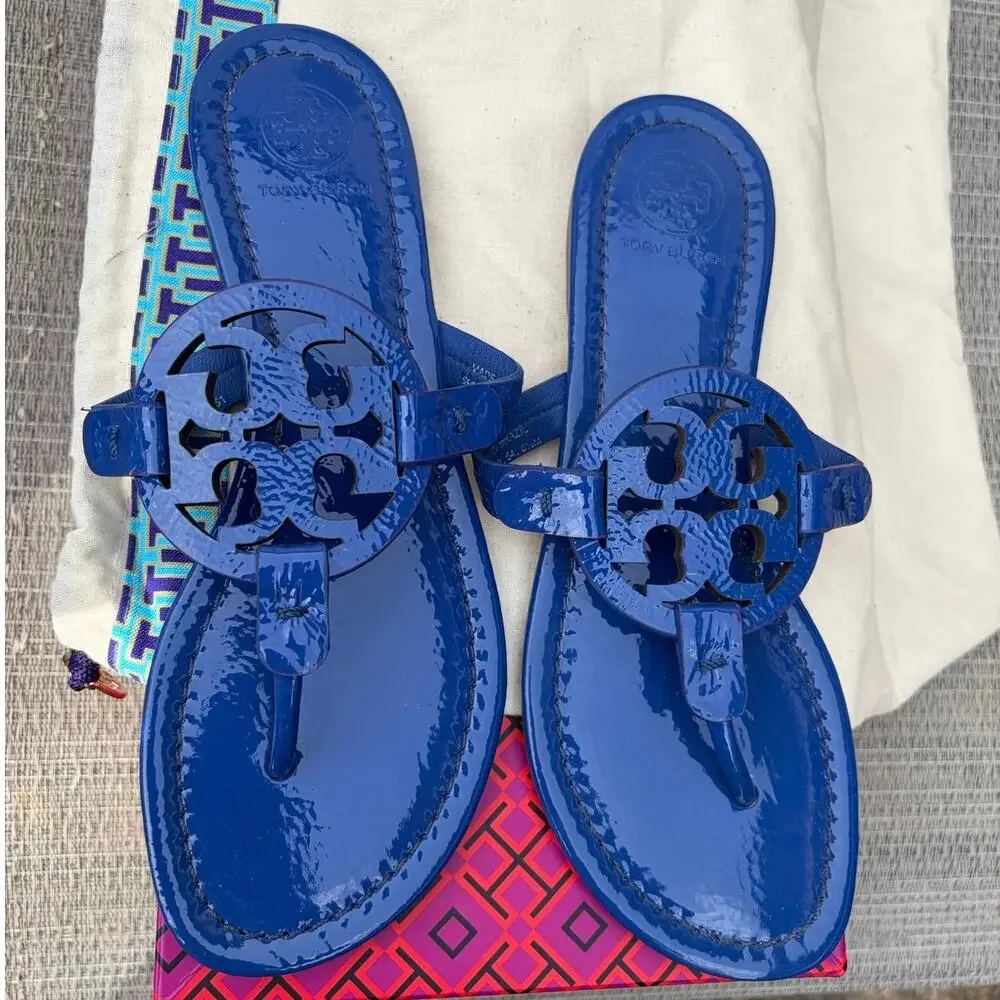 Tory Burch Miller Naplak Patent Leather Sandal Nautical Blue Thong Flat 6.5